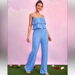 Shein blue ruffle trim cami too & wide leg pants set